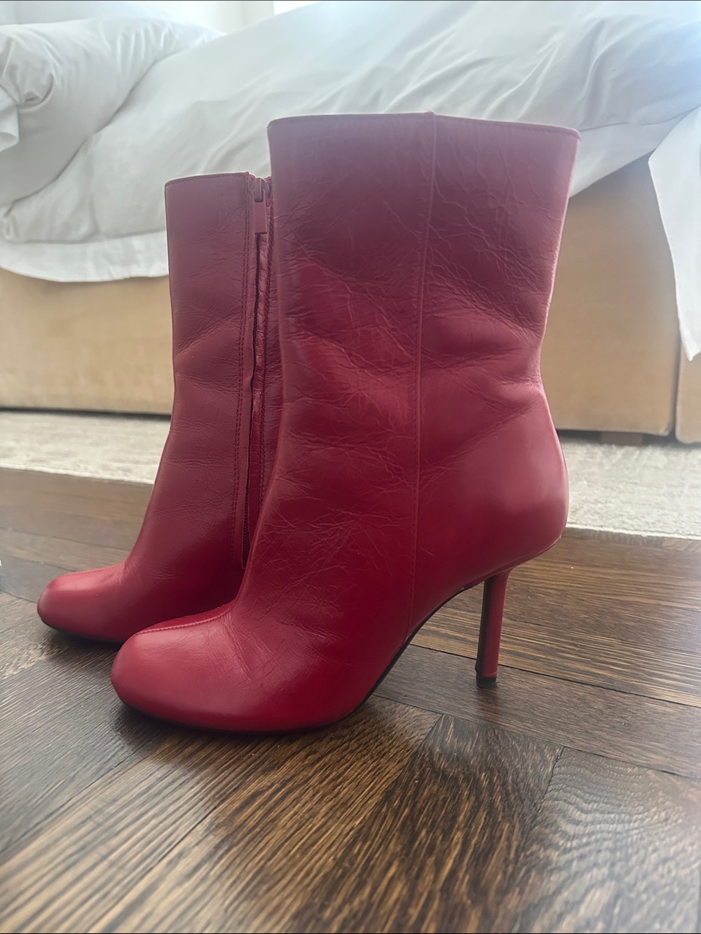 Zara Red Leather Mid-Calf Stiletto Boots